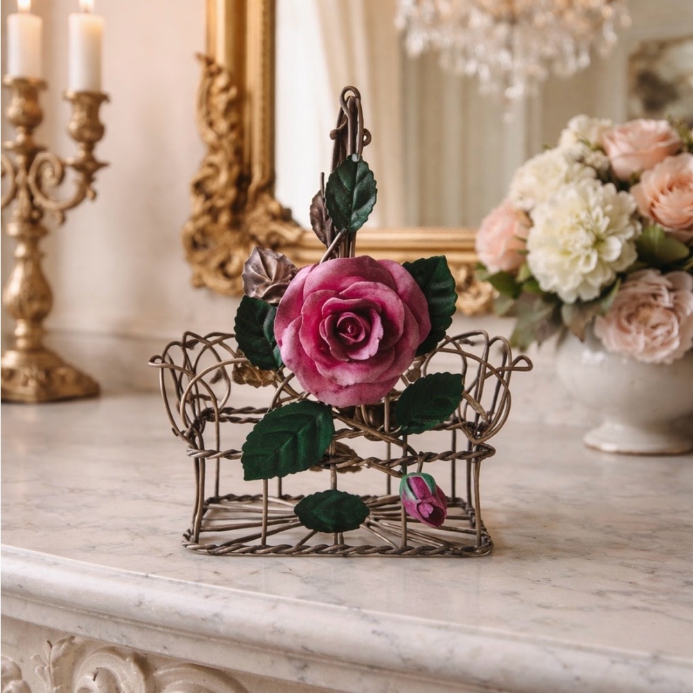 Pink Flower Metal Basket